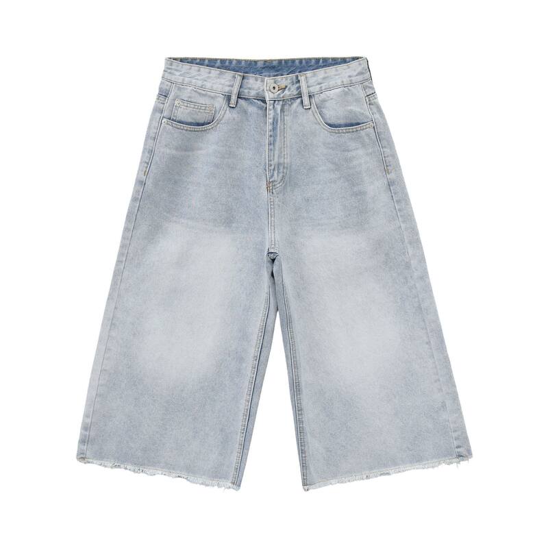 Quần short denim nam ống rộng dáng thẳng, kiểu Mỹ cổ điển, wash xước gấu, dài 8/10 — Màu xanh dương