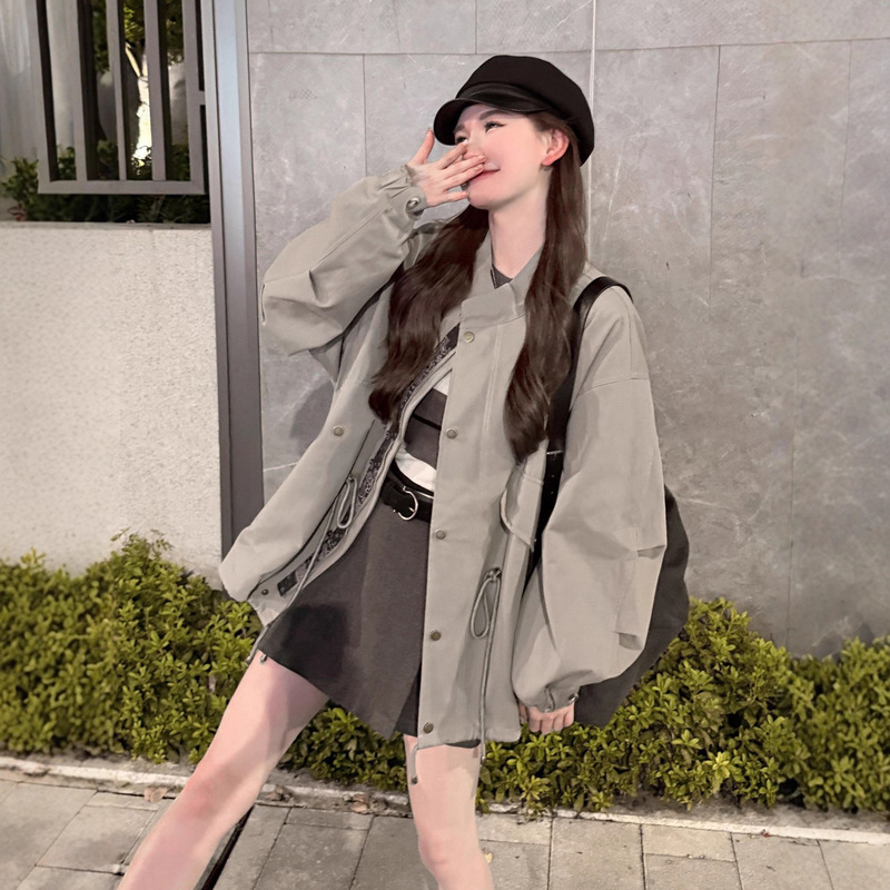 韩系高级感抽绳立领风衣外套女秋冬季2025新款小个子夹克短款上衣|undefined