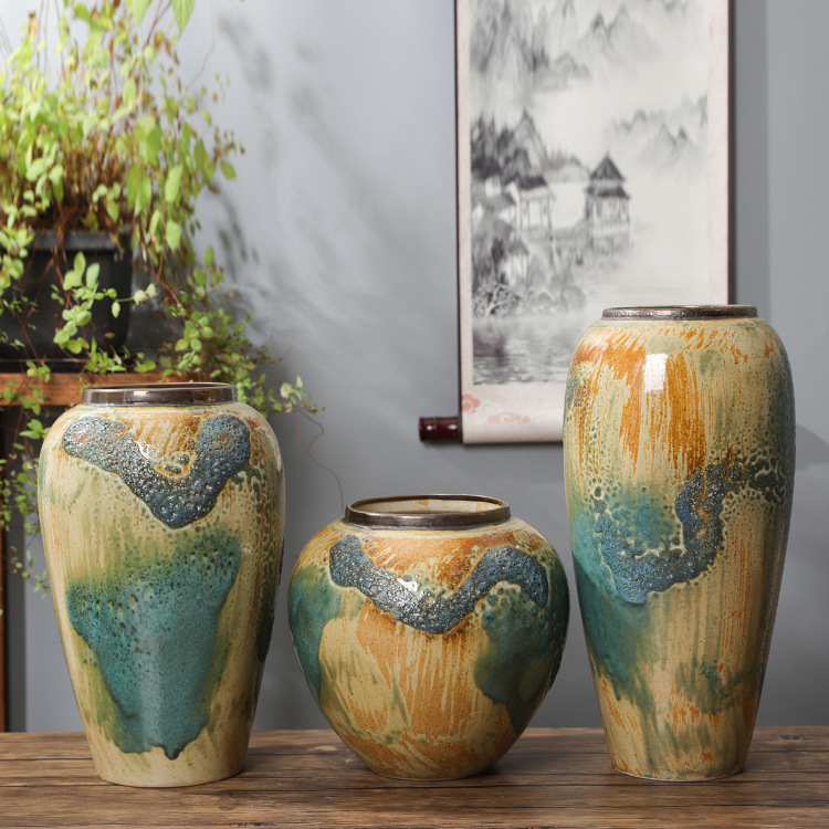 家居裝飾品擺件景德鎮陶瓷三件套乾花花器新中式陶瓷花瓶氣泡塗鴉