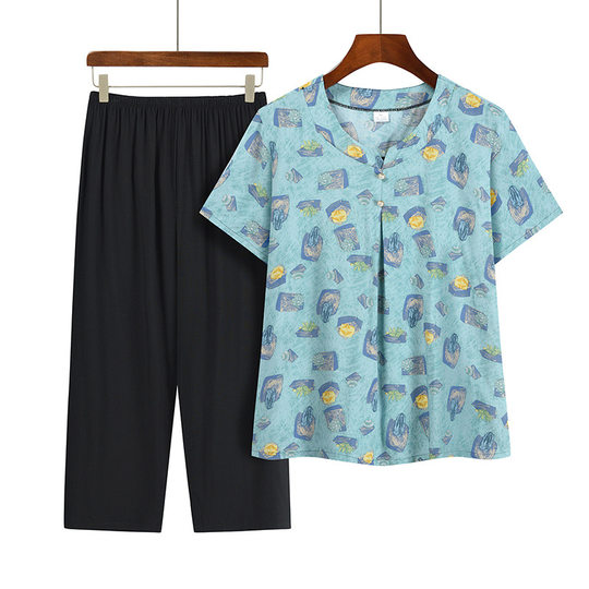 Middle-aged summer suit women's 60-year-old clothes printed grandma's short-sleeved old lady's top two-piece suit