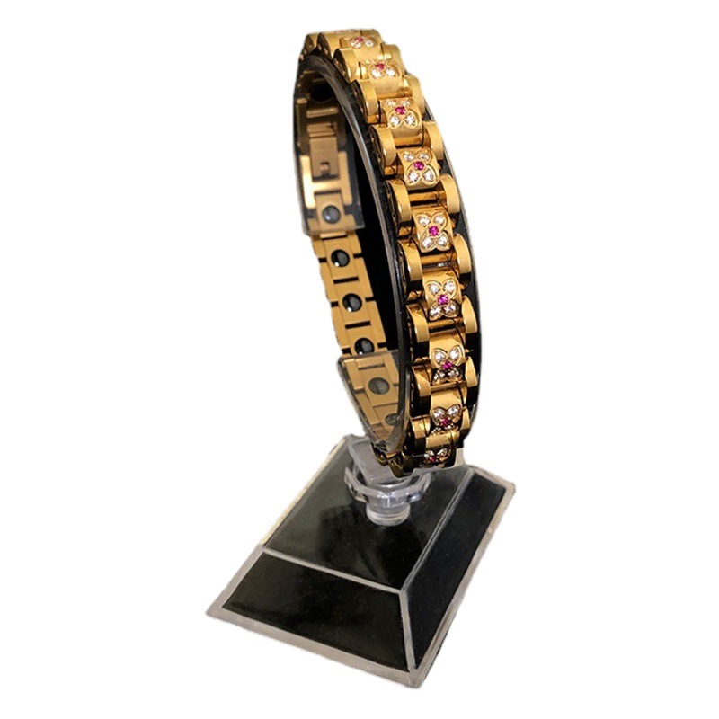 Pulsera de acero inoxidable al por mayor de AliExpress con diamantes de color rojo, joyería de cadena magnética dorada para hombre.
