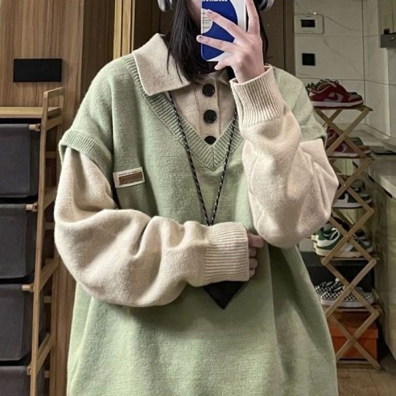 慵懶風毛衣領假兩件森系毛風秋冬季寬鬆長袖一套女裝全套