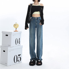 女性用ナローワイドレッグジーンズ2025夏の新しいハイウエストレトロダメージ加工小さなストレートフロアレングスロングパンツ
