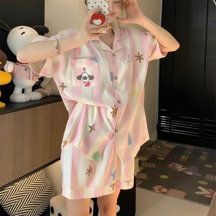 Nube de algodón pareja pijama de mujer verano nuevo pantalones cortos de manga corta impresos dos piezas de niñas vestidos para el hogar