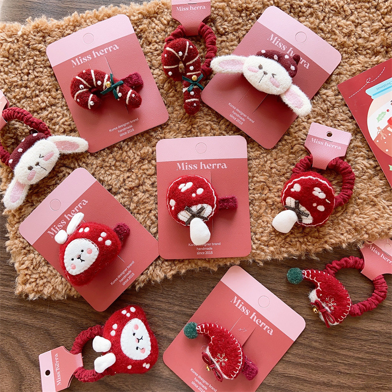 Christmas gift Children's Christmas holiday cute velvet stuffed cotton mushroom intestine ring girl Christmas socks wine red cane duckbill clip_voghion.com