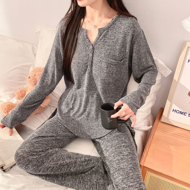 Korean Style Casual Women's Pajamas, Lazy Clothes That Can Be Worn Outside, Colorful Cotton Long-Sleeved Pants with Chest Pads, Home Clothes Two-Piece Suit