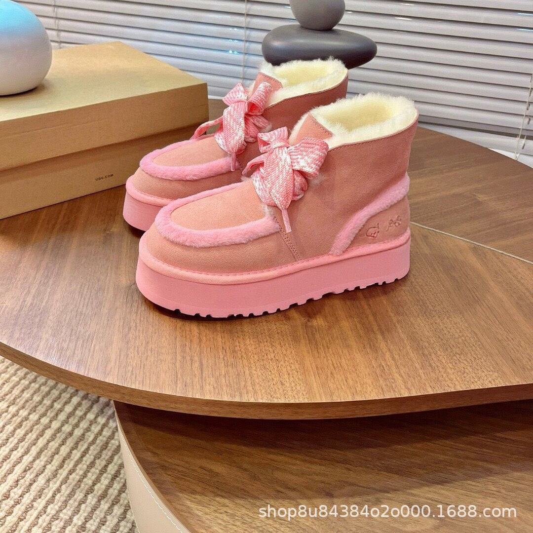 2025秋冬新款时髦真皮系带羊毛雪地靴女厚底增高圆头加厚保暖毛靴