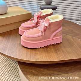 2025秋冬新款时髦真皮系带羊毛雪地靴女厚底增高圆头加厚保暖毛靴