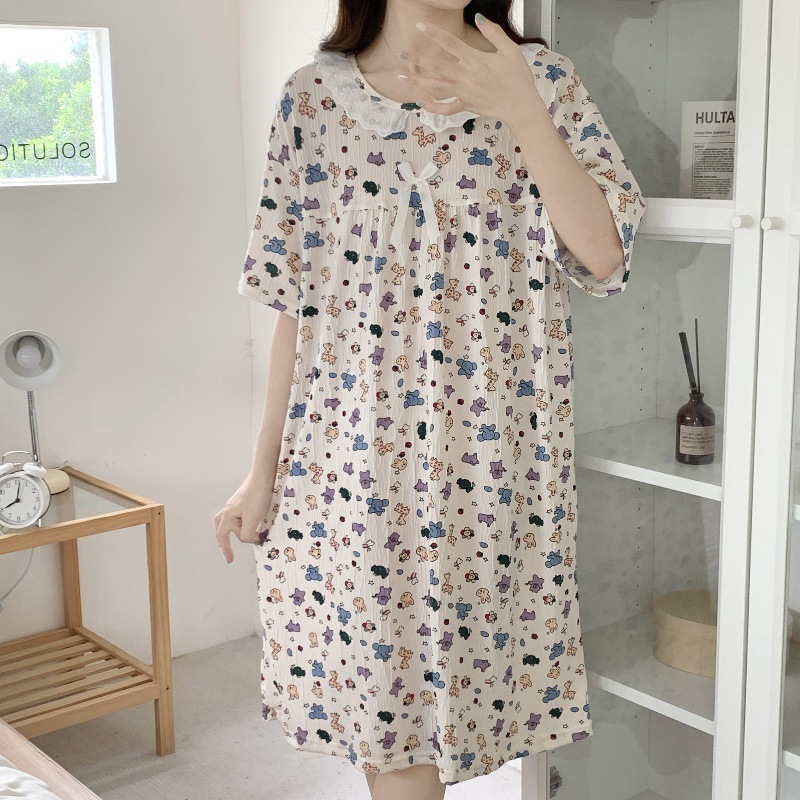 Verano 2024 vestido de pijama de niñas encaje de algodón tela arrugada dibujos animados manga corta media y larga lindo dulce ropa de hogar estudiantil