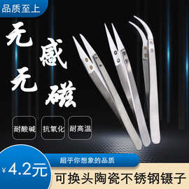 热卖不锈钢陶瓷镊子耐高温陶瓷头配件耐酸碱腐蚀绝缘可换头夹持钳