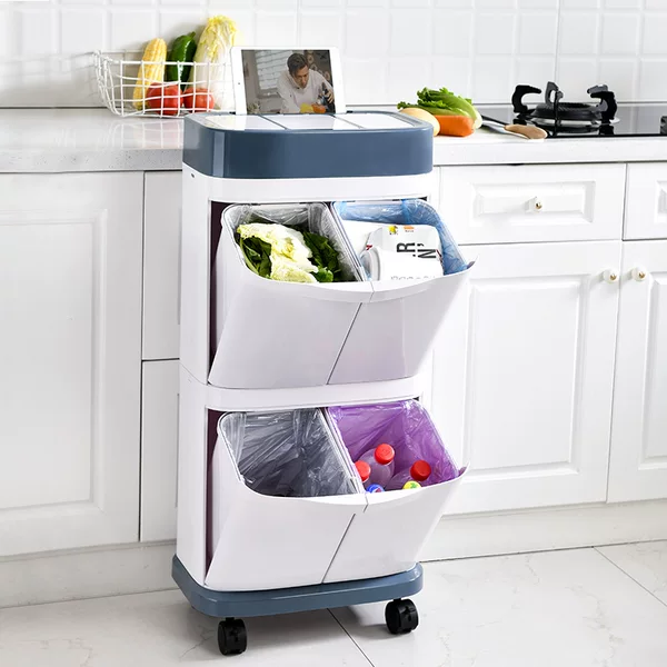 High-Capacity Classified Trash Can, Movable Kitchen Double-Layer Trash Bin, Household Foot-Operated Storage Bin with Lid