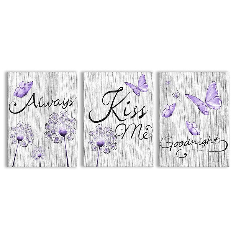 Purple Dandelion Butterfly with Kiss Me Forever Good Night Painting Texture Lavender Giclee Canvas Wall Art Decoration
