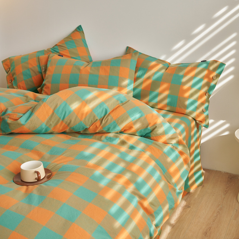 Nordic Style Cotton Plaid Bedding Set With Fitted Sheet For Home_voghion.com