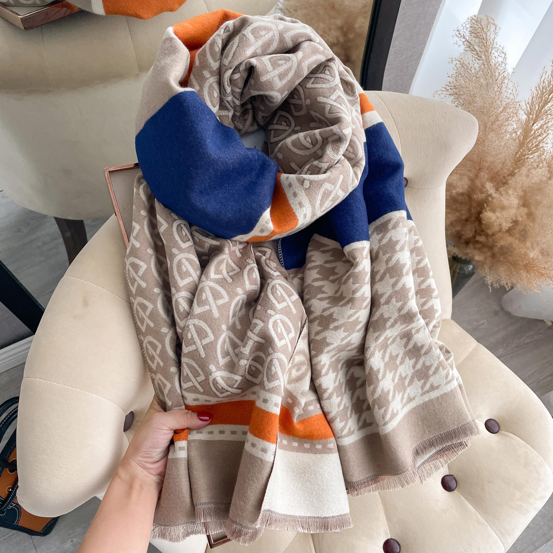 Dames sjaal met hanenpootpatroon van imitatie kasjmier_voghion.com