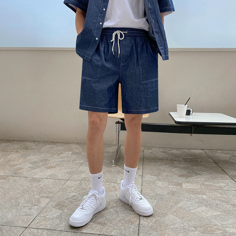 Men's summer shirt, retro denim skirt, set, with short sleeve, Korean style 4
