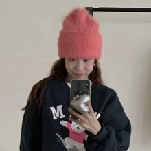 自带滤镜*显白柔软仿兔毛毛线帽蜜桃粉韩系秋冬保暖百搭纯色针织