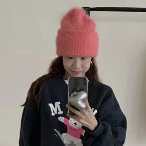 自带滤镜*显白柔软仿兔毛毛线帽蜜桃粉韩系秋冬保暖百搭纯色针织