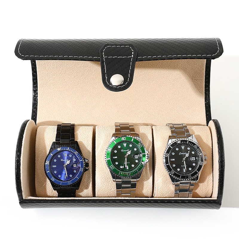 En stock al por mayor caja de reloj portátil de 3 bits caja de reloj de cuero pu caja de almacenamiento joyería caja de reloj caja de regalo