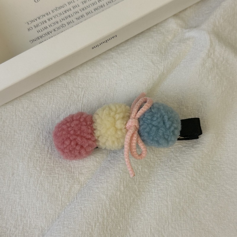 日系撞色羊羔毛球球发夹可爱奶油色侧边刘海鸭嘴夹发绳皮筋抓夹女|undefined