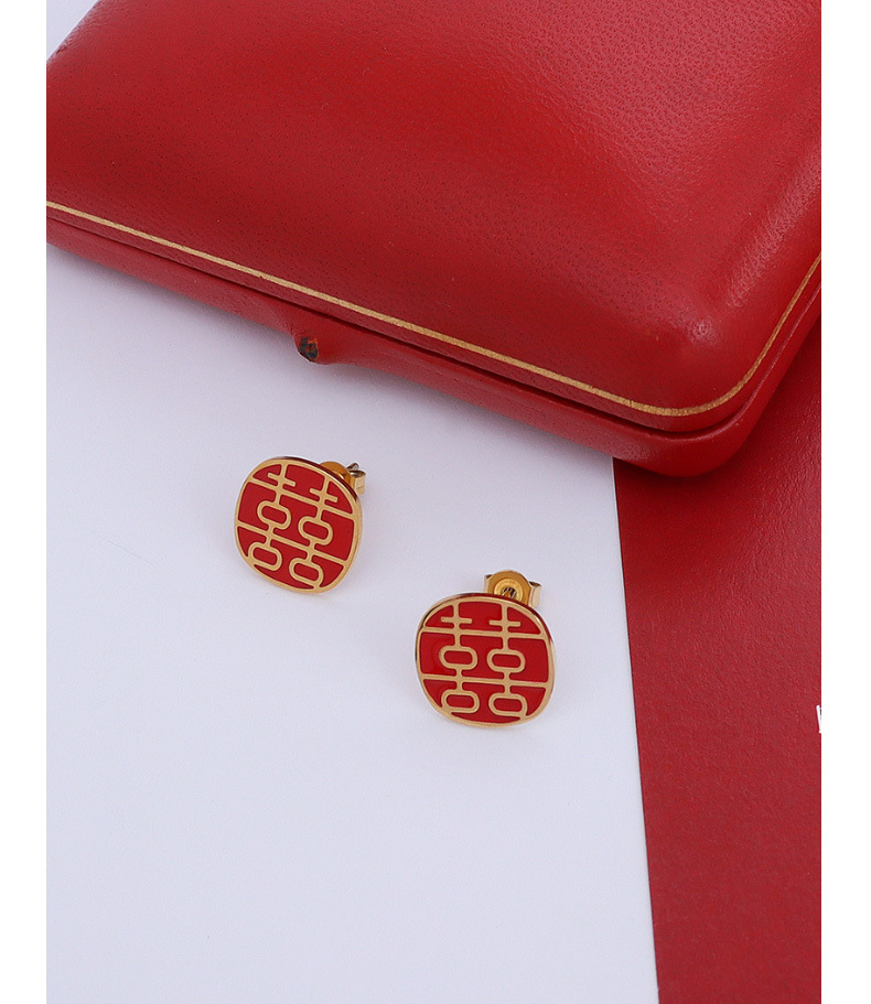 Chinese Style Retro Festive Double Happiness Red Drop Oil Earrings display picture 4