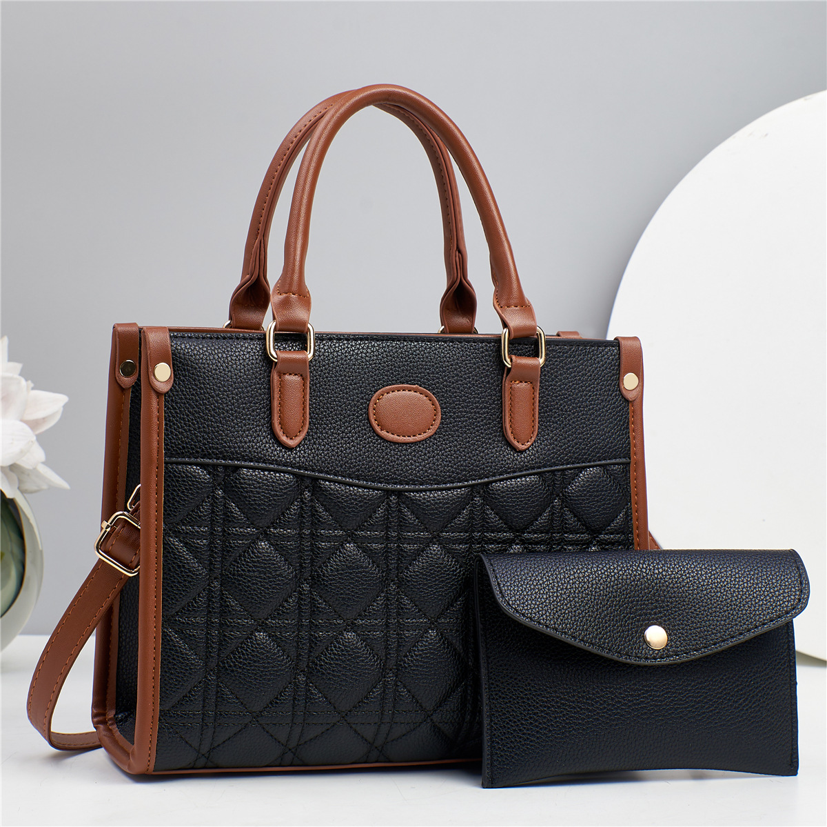 1713g Weight Women's Pu Leather Color Block Classic Style Square Zipper Bag Sets