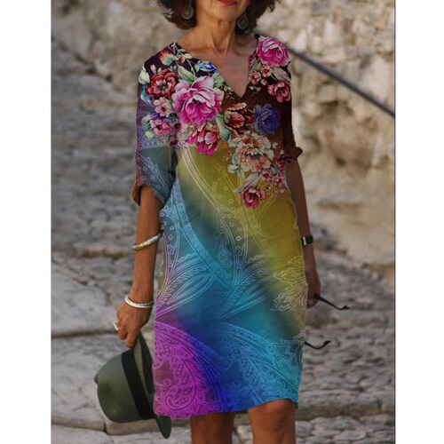 Summer Printed Loose Washed Cotton Floral Short Sleeve Women's Retro Literary Crew Neck Five-Pointer