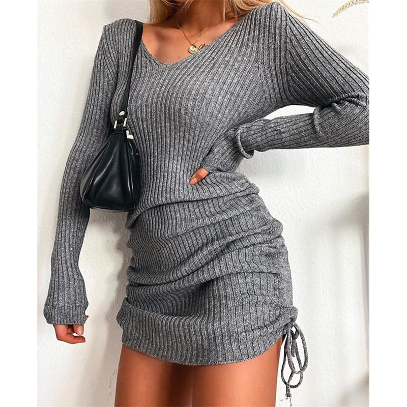 V-neck Long Sleeve Slim Thread Pleated Drawstring knitted dress nihaostyles clothing wholesale NSSYV107442