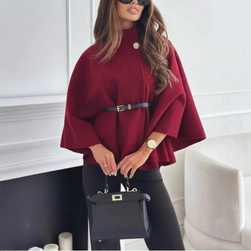 European and American clothing, winter fashion, elegant solid color waist strap woolen cape coat