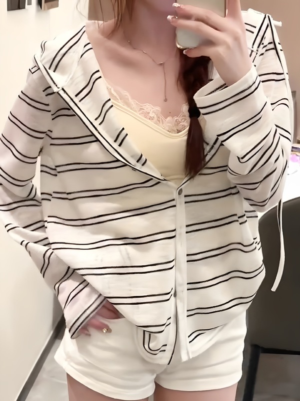 早秋薄纱松弛感条纹连帽长袖外套开衫女宽松外搭薄款防晒罩衫上衣|undefined