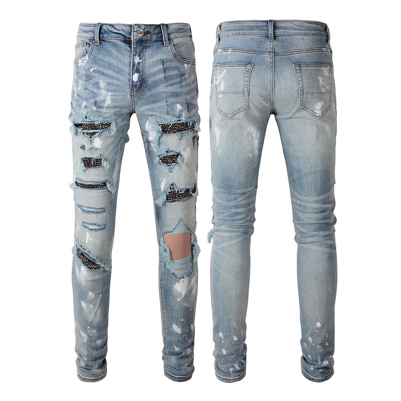 thumbnail for Cross-border Diamond Jeans Ripped High Street Trendy Brand Splash Ink Patch Stretch Retro Jeans