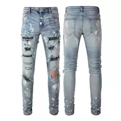 Cross-Border Men's Diamond Jeans Men's Retro Ripped Jeans Men's Trendy Brand High Street Splash-Ink Patch Stretch Pants