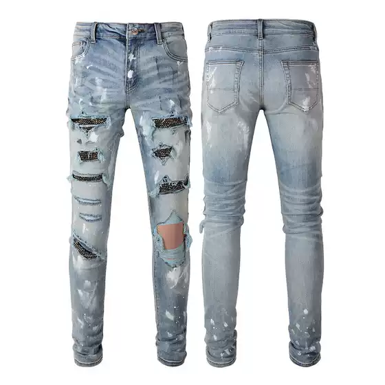 Cross-Border Men's Diamond Jeans Men's Retro Ripped Jeans Men's Trendy Brand High Street Splash-Ink Patch Stretch Pants