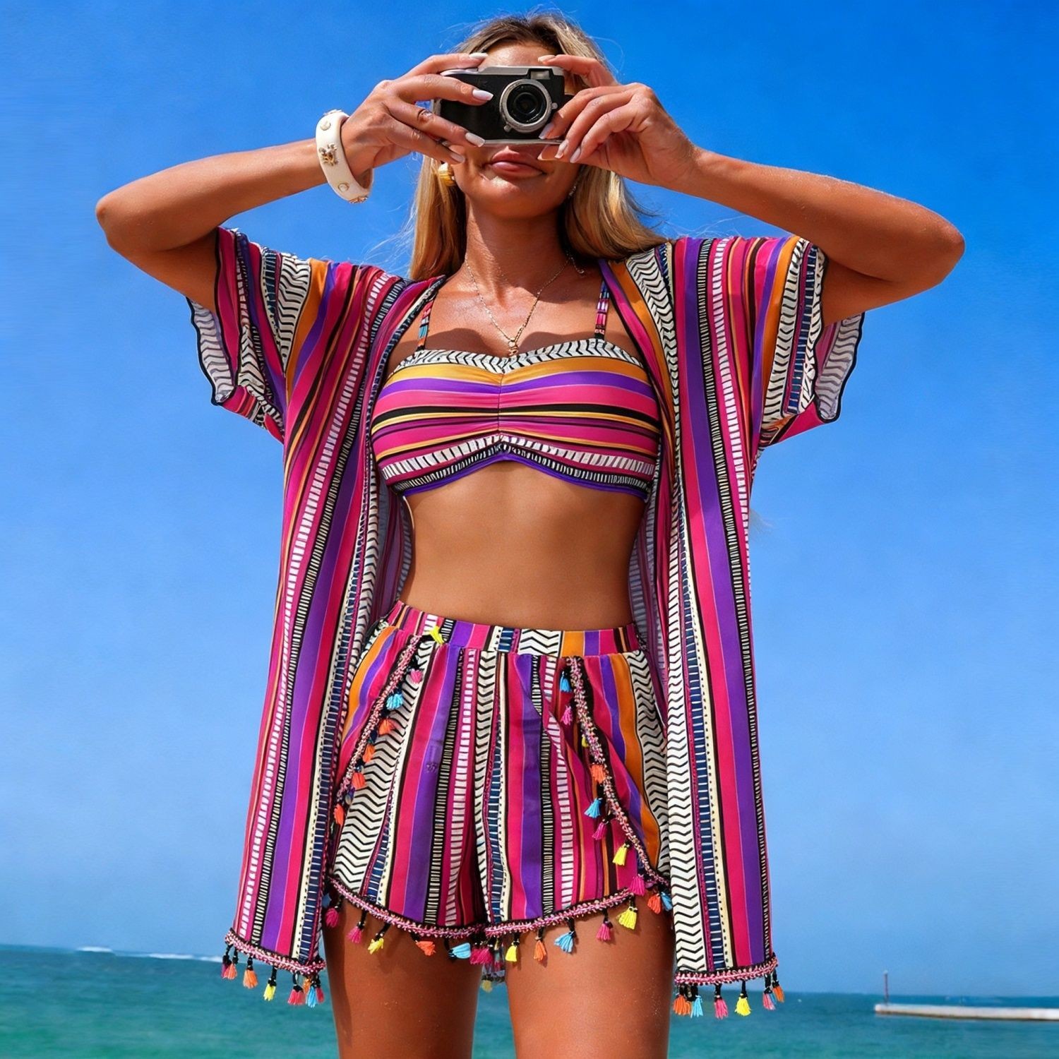 Costume da bagno sexy da donna a due pezzi, stile europeo-americano con incrocio di confini, bikini a quattro pezzi in chiffon stampato._voghion.com