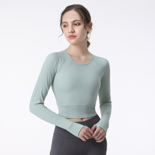 Yoga tops for women, long-sleeved chest pads, running training sports quick-drying tops, navel-baring tight-fitting fitness clothes, cross-border