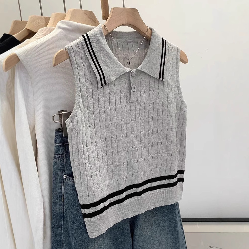 French Preppy Style Sleeveless Knitted Vest Top for Women Spring and Summer New Korean Design with Polo Collar Top