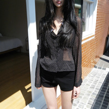 韩国chic秋季新款法式小性感花边V领透视百搭长袖雪纺碎花衬衫女