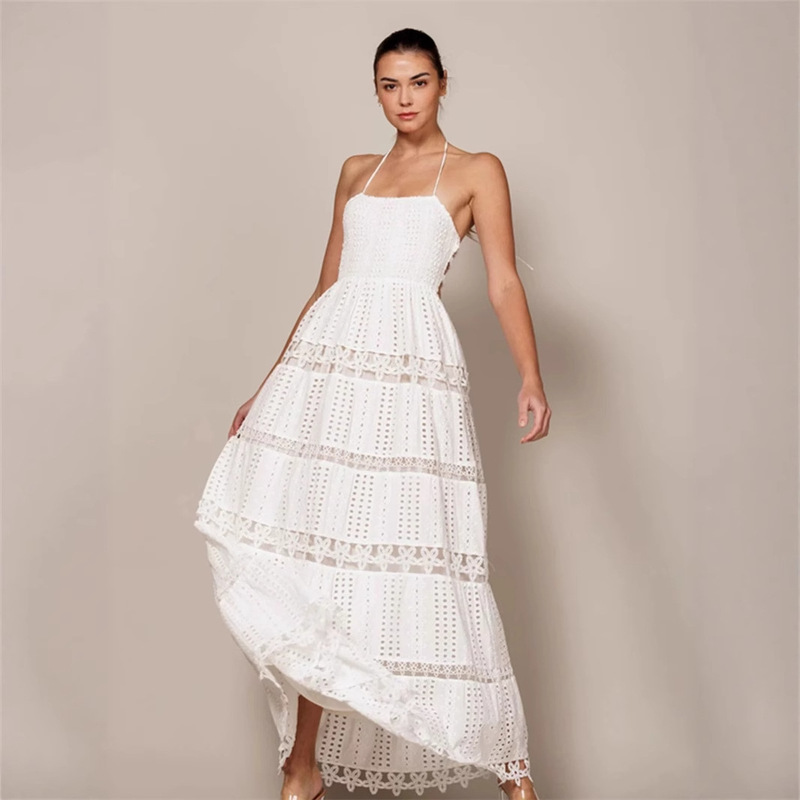 Summer European and American Niche Vacation Style Sexy Stretch Wrapped Chest Strap Hanging Neck Hollow Solid Color Large Elegant Dress