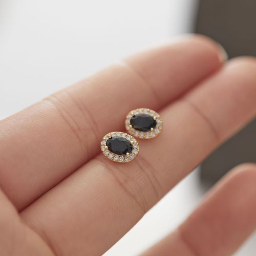 [Retro Black Gold] Light luxury retro style oval black gemstone earrings are set with zircon super flash earrings and earrings