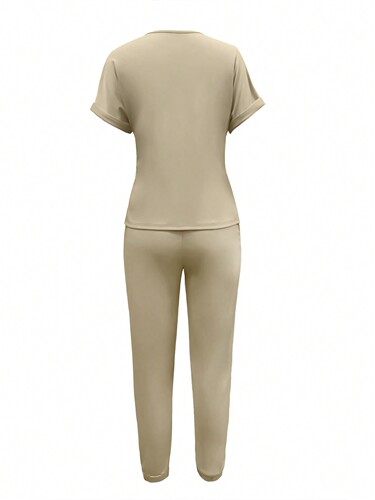 Fashion casual women's solid color crew neck top and multi-pocket pants set, versatile