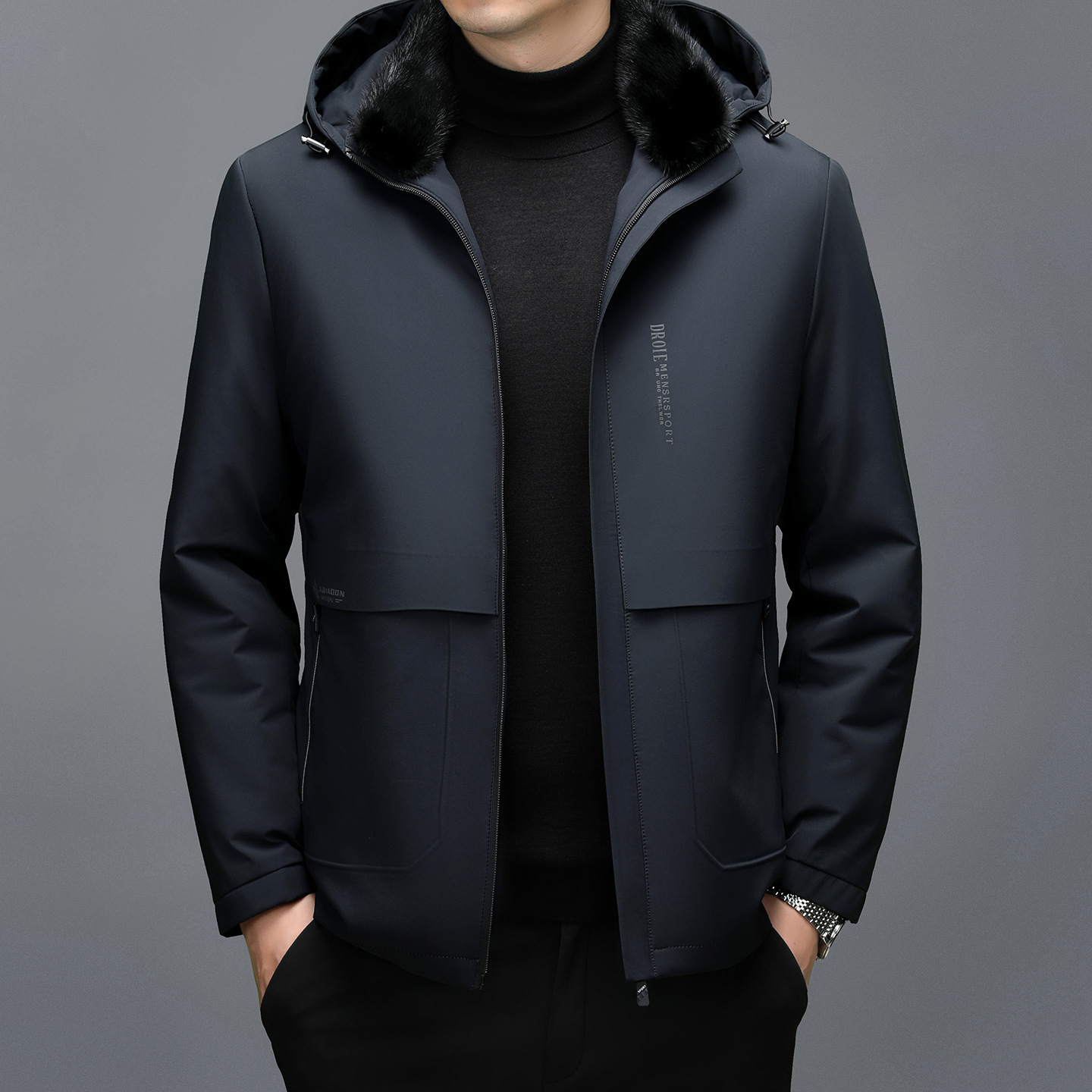 高档品牌茄克男士外套冬季商务休闲连帽加厚保暖正装夹克爸爸上衣