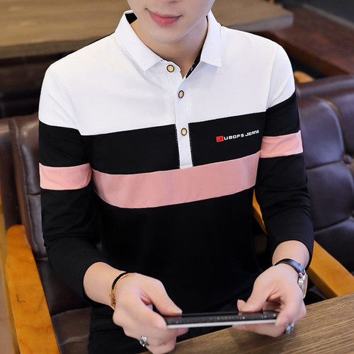 Autumn/Winter New Men's Long Sleeve T-Shirt Korean Style Slim Fit Blue Polo Shirt Plus Size Trendy Men's Top