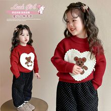一件代发 2025年 新款韩版女童秋冬爱心小熊加厚针织套头儿童毛衣