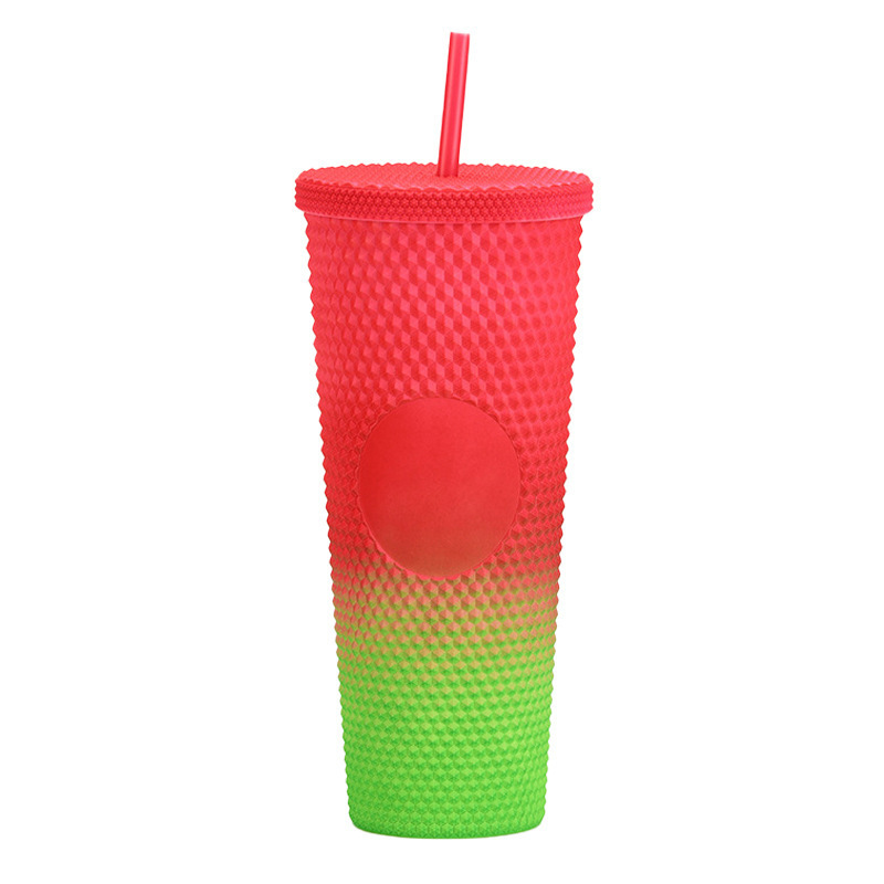 二層プラスチックストローカップ大容量クリエイティブ 710 ミリリットルドリアンカップハンドカップ発光変色レインボーグラデーションカップ|undefined