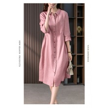 官图2024春夏新款优雅法式棉麻衬衫裙设计感小众显瘦纯色连衣裙