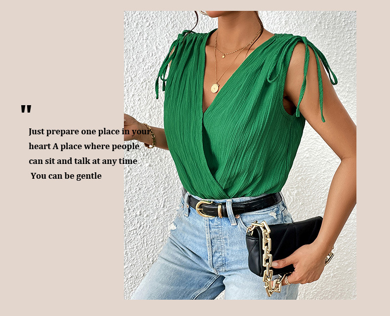 Effen kleur V-hals gesplitste alles-in-één bodysuits voor woon-werkverkeer met veters_voghion.com