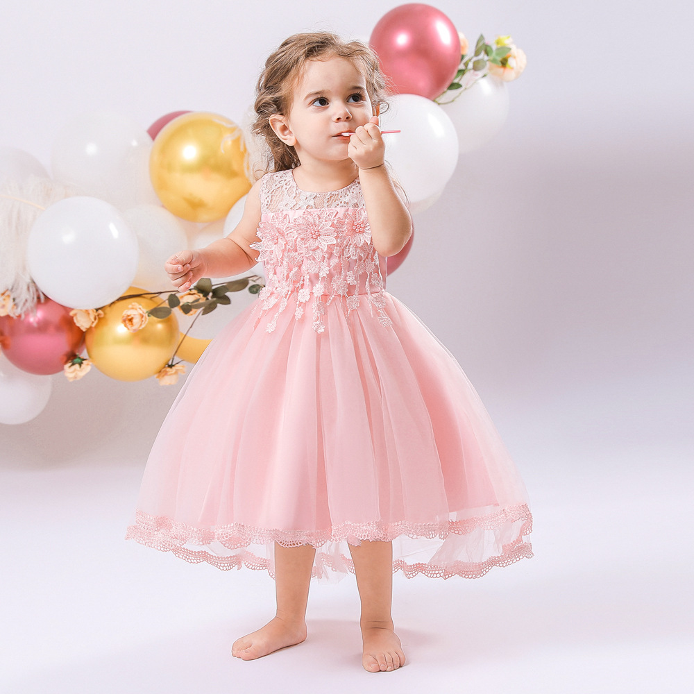 European and American New One-Year-Old Washed Dress Spliced Lace Sleeveless Princess Dress Girls Stereo Applique Beaded Tuxedo