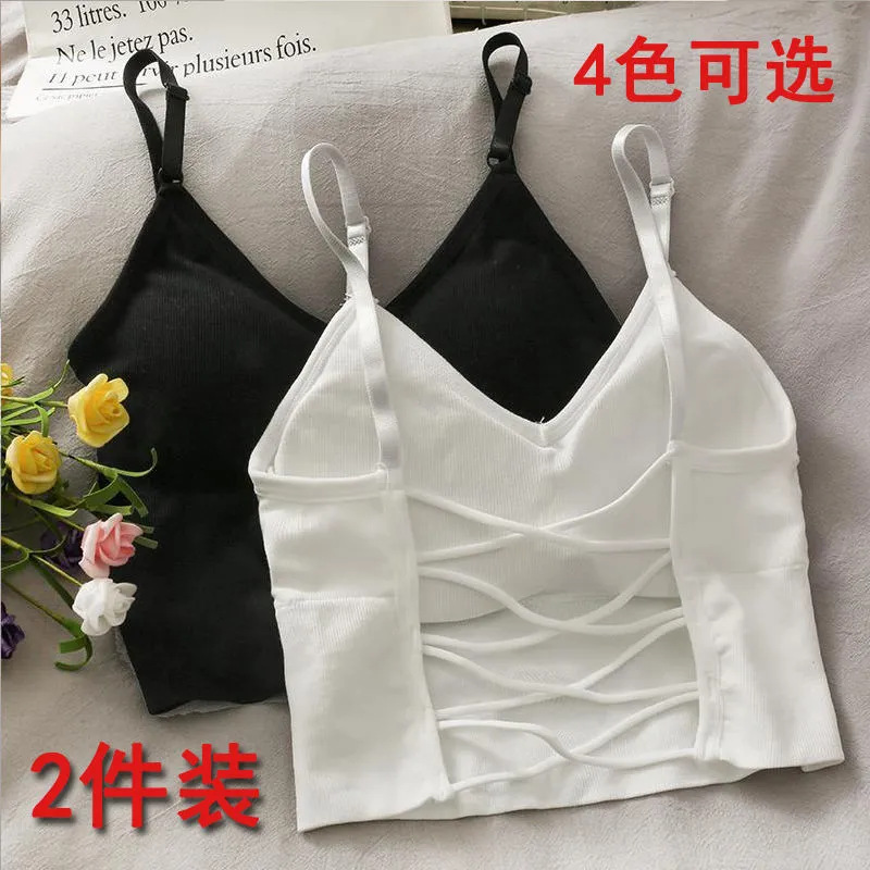 Black Camisole with Built-In Bra Pads, Can Be Worn as Outerwear, Sexy Hot Girl Style, Cross-Strap Inner Wear