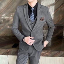 新款春秋季西服男士套装韩版修身休闲条纹小西装商务正装结婚礼服