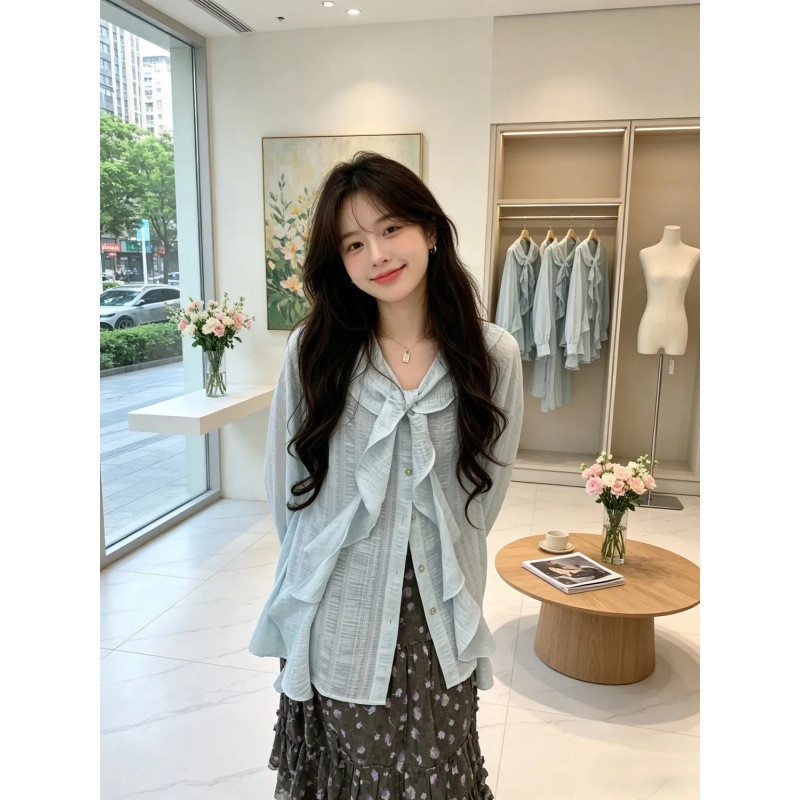 Gorgeous Summer Outfit Korean Style Irregular Tie Collar Sun Protection Shirt Top Retro Floral Skirt Women's Two-Piece Set