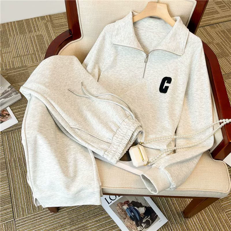 Жирный большой размер 300 фунтов воротник повседневный спортивный костюм женская осень свободная иностранная мода свитер из двух частей